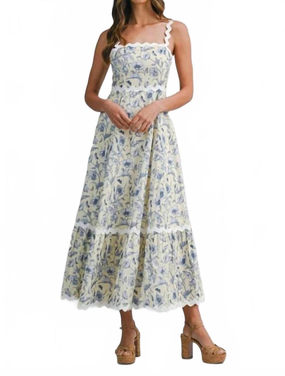 NEW MABLE floral printed ric-rac trim smocked back midi dress in beige